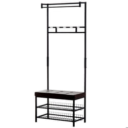 Porte-manteau vestiaire dentrée banc intégré 2 étagères 5 patères + barre de penderie métal noir simili cuir chocolat 72x35x180cm