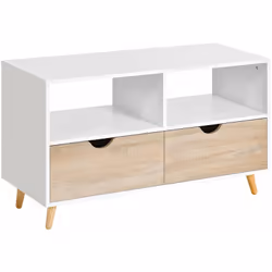 Meuble TV bas sur pieds style scandinave 2 tiroirs coloris chêne clair blanc