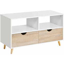 Meuble TV bas sur pieds style scandinave 2 tiroirs coloris chêne clair blanc