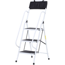 Escabeau pliable 3 marches xl antidérapantes double garde corps hauteur max. 1,31 m charge max. 150 Kg pochette outils intégrée acier blanc noir