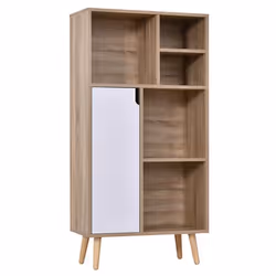 Biblliothèque étagère scandinave 5 niches porte dim. 60L x 30l x 121H cm pieds effilés bois pin panneaux particules chêne cla ...