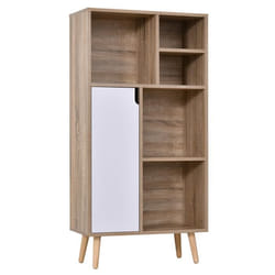 Biblliothèque étagère scandinave 5 niches porte dim. 60L x 30l x 121H cm pieds effilés bois pin panneaux particules chêne clair