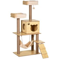 Arbre à chats design - PawHut - contemporain griffoirs grattoirs sisal niche plate-formes hamac boule - bois - beige