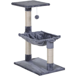 Arbre à chat 3 griffoirs grattoirs sisal naturel plateforme hamac et boule suspendue dim. 50L x 36l x 70H cm peluche haute densité 220 g/m² gris