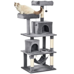 Arbre à chats multi-équipements griffoirs grattoirs plateformes niches hamac paniers jouets suspendus dim. 60L x 50l x 145H cm gris