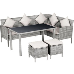 Outsunny - Salon de jardin 6 pers. grand confort canapé d'angle + 2 poufs + table à manger 9 coussins assise & dossier fournis résine tressée grise