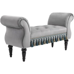 Homcom - Banc banquette capitonnée design accoudoirs courbés pompons pieds bois hévéa revêtement velours gris