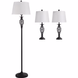 Lot de 3 luminaires design contemporain - lampadaire sur pied + 2 lampes de tables - métal noir polyester coton blanc 38x38x1 ...