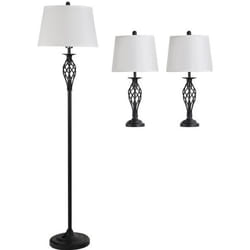 Lot de 3 luminaires design contemporain - lampadaire sur pied + 2 lampes de tables - métal noir polyester coton blanc 38x38x158cm