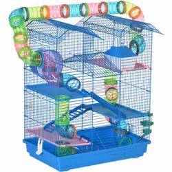 Pawhut - Cage pour hamster souris petits animaux rongeur avec tunnel mangeoire roue jouet 47 x 30 x 59 cm cm bleu