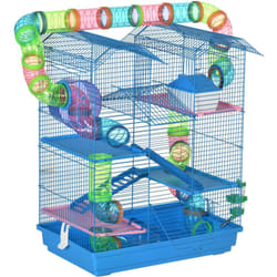 Pawhut - Cage pour hamster souris petits animaux rongeur avec tunnel mangeoire roue jouet 47 x 30 x 59 cm cm bleu