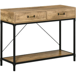 Console table d'appoint design industriel dim. 100L x 35l x 76H cm 2 tiroirs poignées laiton vieilli étagère métal noir aspect bois veinage