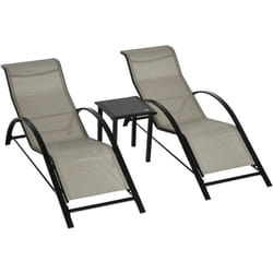 Lot de 2 bains de soleil design contemporain table basse plateau verre trempé métal époxy textilène grège