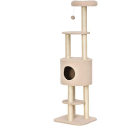 Arbre à Chats avec Griffoir Niche Poteaux Peluche Haute Densité 45L x 40L x 148H cm Beige - Pawhut