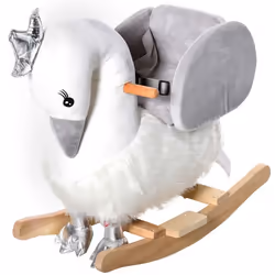 Cheval à bascule modèle cygne fonction musicale selle grand confort peluche courte douce bois peuplier blanc et gris dim. 60L ...