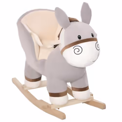 Cheval à bascule modèle âne fonction musicale selle grand confort peluche courte douce bois peuplier gris dim. 61L x 34l x 58 ...