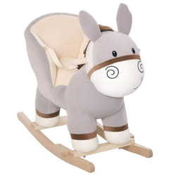 Cheval à bascule modèle âne fonction musicale selle grand confort peluche courte douce bois peuplier gris dim. 61L x 34l x 58H cm