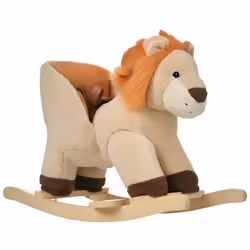 Cheval à bascule modèle lion fonction musicale selle grand confort peluche courte douce bois peuplier marron dim. 68L x 35l x ...