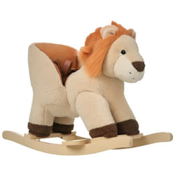 Cheval à bascule modèle lion fonction musicale selle grand confort peluche courte douce bois peuplier marron dim. 68L x 35l x 50H