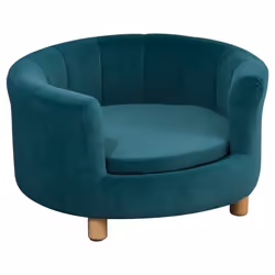 PawHut Canapé chien lit pour chien chat avec accoudoirs coussin moelleux pieds bois massif dim. 65 x 64 x 37 cm velours bleu ...