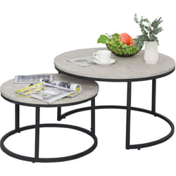 Lot de 2 tables basses rondes gigogne empilables plateau mdf gris et pieds en métal noir