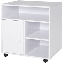 Support d'imprimante organiseur bureau caisson placard porte 3 niches + grand plateau panneaux particules blanc - Homcom