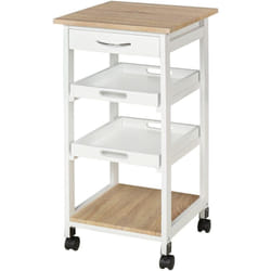 Chariot de service desserte de cuisine à roulettes 2 plateaux amovibles, tiroir, étagère mdf chêne clair bois pin blanc