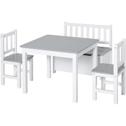 Ensemble de table et chaises enfant - set de 4 pièces - table, 2 chaises, banc coffre 2 en 1 - mdf pin blanc gris