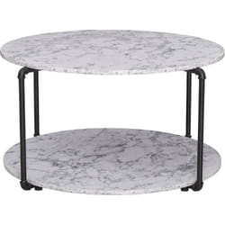 Table basse ronde avec étagère dim. ø 80 x 45H cm panneaux particules imitation marbre blanc métal noir