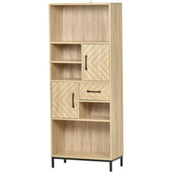 Homcom - Biblliothèque 2 étagères 3 niches 2 placards + tiroir panneaux particules mdf chêne clair motif graphique métal noir