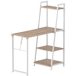 Bureau pliable rabattable - bureau bibliothèque 2 en 1 - 4 étagères - imitation bois chêne clair métal blanc