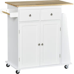 Desserte de cuisine multi rangements 2 tiroirs placard 2 portes avec étagère 3 range-bouteilles porte-torchons mdf blanc hévéa