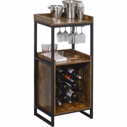 Casier à vin design industriel étagère à bouteilles 9 bouteilles support verres à vin intégré métal noir aspect vieux bois veinage