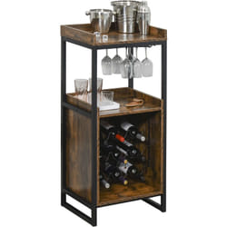 Casier à vin design industriel étagère à bouteilles 9 bouteilles support verres à vin intégré métal noir aspect vieux bois veinage