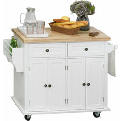 Desserte de cuisine multi rangements 2 tiroirs 2 placard 2 portes avec étagère range-bouteille porte-torchons MDF blanc hévéa