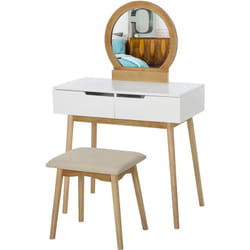 Homcom - Coiffeuse design scandinave table de maquillage avec miroir, 2 tiroirs et tabouret blanc pin clair