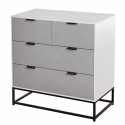 HOMCOM Meuble de Rangement Commode 4 tiroirs coulissants façade Motif à Chevron Gris MDF Blanc piètement Acier Noir
