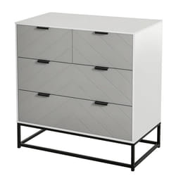 HOMCOM Meuble de Rangement Commode 4 tiroirs coulissants façade Motif à Chevron Gris MDF Blanc piètement Acier Noir