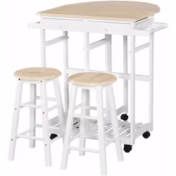 Ensemble table de bar pliable sur roulettes avec étagère et 2 tiroirs + 2 tabourets bois pin MDF blanc chêne clair