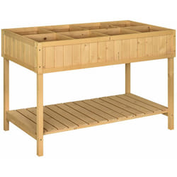 Jardinière sur pieds carré potager avec étagère dim. 110L x 46l x 76H cm 8 compartiments & inserts d'irrigation bois de sapin beige