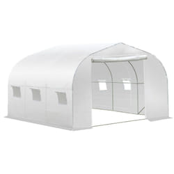 Serre tunnel de jardin dim. 3,5L x 3l x 2H m porte + 6 fenêtres enroulables acier galvanisé bâche pe haute densité blanc