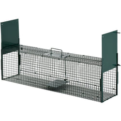 Piège de capture pour petits animaux type lapin rat - 2 entrées + poignée - dim. 100L x 25l x 28H cm - métal vert