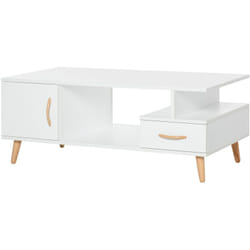 Table basse rectangulaire design scandinave 100L x 50l x 40H cm niche + tiroir & placard bois massif pin panneaux particules blanc