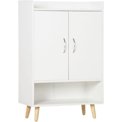 Meuble à chaussures scandinave placard 2 portes 4 étagères pieds effilés inclinés bois panneaux particules blanc