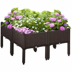 Jardinière sur pieds carré potager dim. 80L x 80l x 44H cm inserts dirrigation inclus PP imitation rotin tressé chocolat