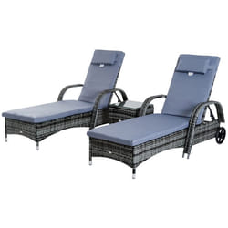 Transats bains de soleil - Outsunny - lot de 2 matelas têtière inclinable roulettes table basse - résine tressée - gris