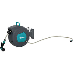 Outsunny - Dévidoir mural enrouleur automatique pivotant 180° tuyau 15 + 1,4 m avec lance arrosage support mural intégré turquoise gris