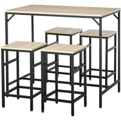 Ensemble table de bar design industriel + 4 tabourets repose-pieds panneaux particules imitation chêne clair métal noir