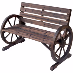 Ce joli banc de jardin style rustique chic en surprendra plus d'un grâce à son design original avec 2 roues de charettes en g ...
