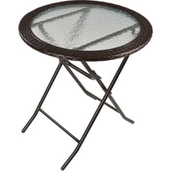 Table ronde bistro de jardin pliable dim. Ø 68 x 73H cm métal époxy résine tressée chocolat plateau verre trempé